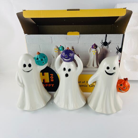 Halloween LED Ceramic Ghosts Set of 3; H for Happy - Picture 1 of 4